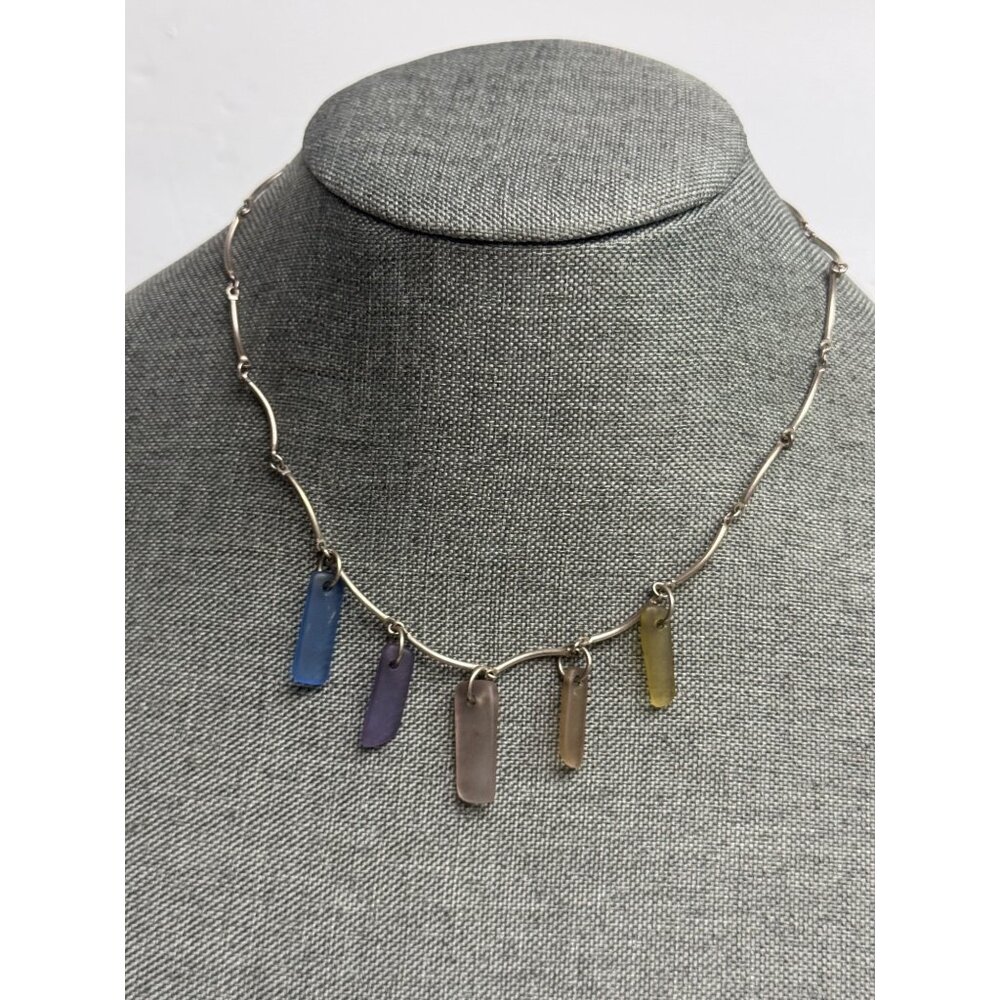 Silver Necklace With Multicolor Glass Pendants And Hook Clasp